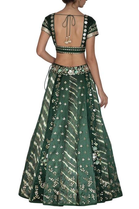 Shop Devnaagri Green Organza, Gajji Silk V Neck Embroidered Bridal Lehenga Set at Aza Fashions Shop_Devnaagri_Green Organza, Gajji Silk V Neck Embroidered Bridal Lehenga Set_at_Aza_Fashions