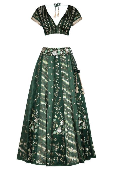 Devnaagri Green Organza, Gajji Silk V Neck Embroidered Bridal Lehenga Set Online at Aza Fashions Devnaagri_Green Organza, Gajji Silk V Neck Embroidered Bridal Lehenga Set_Online_at_Aza_Fashions