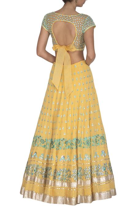 Shop_Devnaagri_Yellow Gajji Silk Square Neck Embroidered Bridal Lehenga Set _at_Aza_Fashions