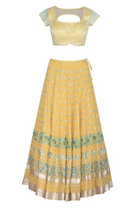 Devnaagri_Yellow Gajji Silk Square Neck Embroidered Bridal Lehenga Set _Online_at_Aza_Fashions