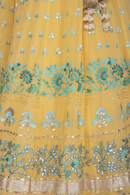 Shop_Devnaagri_Yellow Gajji Silk Square Neck Embroidered Bridal Lehenga Set _Online_at_Aza_Fashions