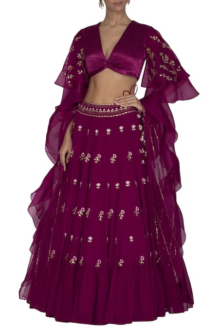 Devnaagri Purple Gajji Silk V Neck Embroidered Lehenga Set 