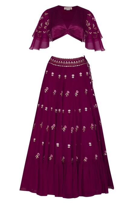 Devnaagri_Purple Georgette, Gajji Silk, Net And Organza V Neck Embroidered Lehenga Set_Online_at_Aza_Fashions