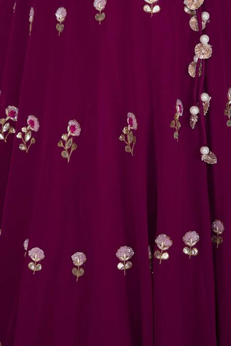 Buy_Devnaagri_Purple Georgette, Gajji Silk, Net And Organza V Neck Embroidered Lehenga Set_Online_at_Aza_Fashions