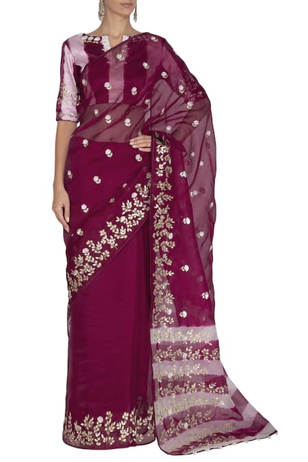 Devnaagri Wine Gajji Silk Bateau Embroidered Saree With Blouse 