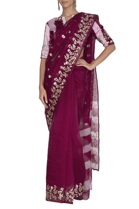 Shop Devnaagri Wine Organza, Gajji Silk Bateau Embroidered Saree With Blouse at Aza Fashions Shop_Devnaagri_Wine Organza, Gajji Silk Bateau Embroidered Saree With Blouse_at_Aza_Fashions