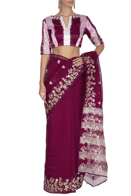 Devnaagri Wine Organza, Gajji Silk Bateau Embroidered Saree With Blouse Online at Aza Fashions Devnaagri_Wine Organza, Gajji Silk Bateau Embroidered Saree With Blouse_Online_at_Aza_Fashions