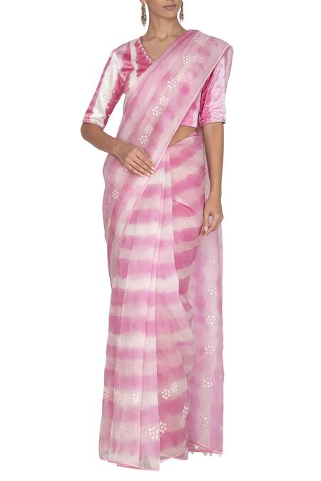 Shop_Devnaagri_Pink Organza, Gajji Silk V Neck Embroidered Tie And Dye Saree_at_Aza_Fashions