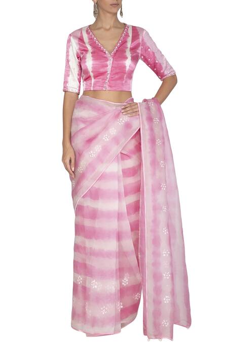 Devnaagri_Pink Organza, Gajji Silk V Neck Embroidered Tie And Dye Saree_Online_at_Aza_Fashions