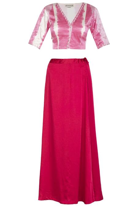 Buy_Devnaagri_Pink Organza, Gajji Silk V Neck Embroidered Tie And Dye Saree_Online_at_Aza_Fashions