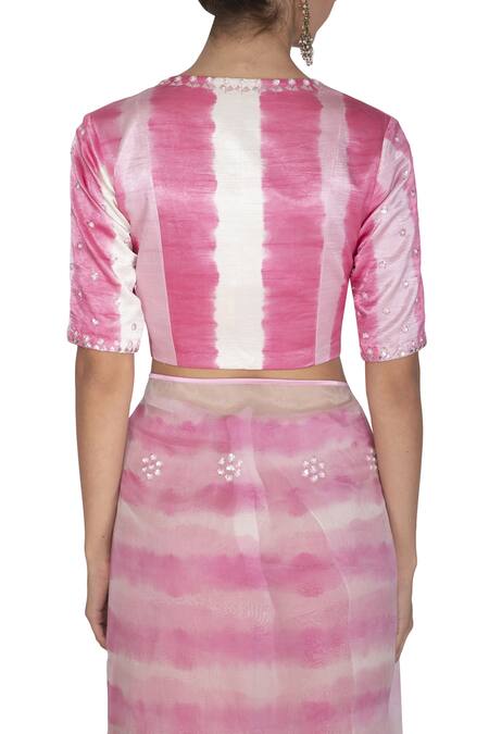 Shop_Devnaagri_Pink Organza, Gajji Silk V Neck Embroidered Tie And Dye Saree_Online_at_Aza_Fashions