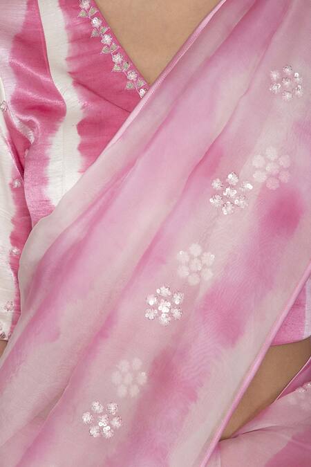 Devnaagri_Pink Organza, Gajji Silk V Neck Embroidered Tie And Dye Saree_at_Aza_Fashions