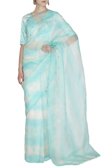 Devnaagri Blue Gajji Silk V Neck Embroidered Tie And Dye Saree 