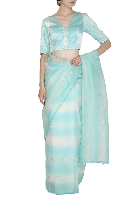 Devnaagri_Blue Organza, Gajji Silk V Neck Embroidered Tie And Dye Saree_Online_at_Aza_Fashions