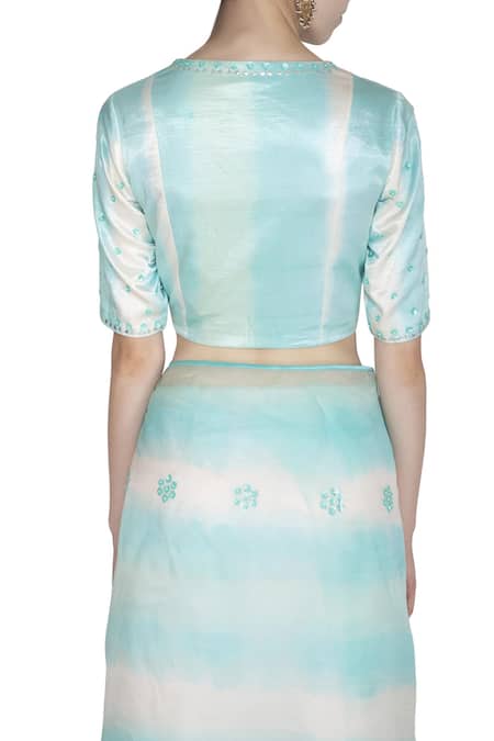 Buy_Devnaagri_Blue Organza, Gajji Silk V Neck Embroidered Tie And Dye Saree_Online_at_Aza_Fashions
