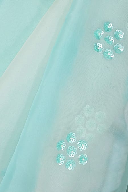 Devnaagri_Blue Organza, Gajji Silk V Neck Embroidered Tie And Dye Saree_at_Aza_Fashions