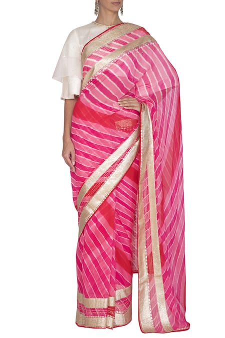 Devnaagri Pink Gajji Round Leheriya Saree With Blouse 