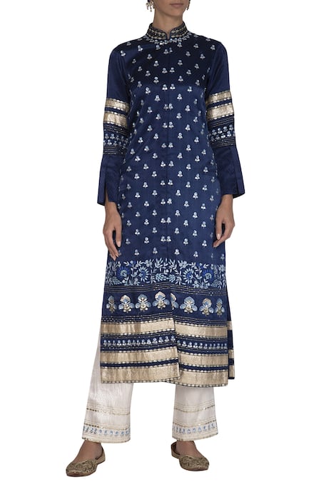 Devnaagri Blue Gajji Silk Mandarin Collar Embroidered Kurta With Pants 