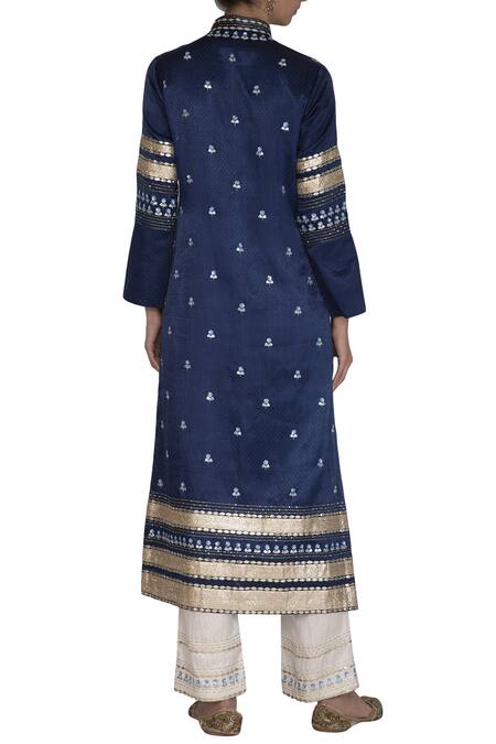 Shop_Devnaagri_Blue Gajji Silk Mandarin Collar Embroidered Kurta With Pants_at_Aza_Fashions