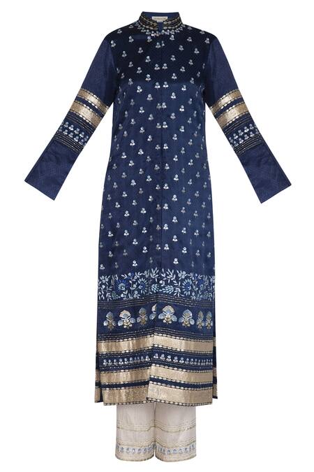 Devnaagri_Blue Gajji Silk Mandarin Collar Embroidered Kurta With Pants_Online_at_Aza_Fashions
