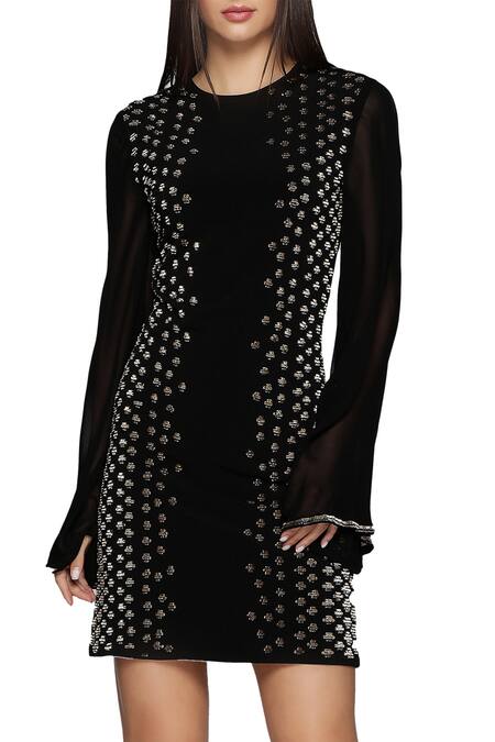 Shop_Namrata Joshipura_Black Jersey Round Embellished Short Dress _Online_at_Aza_Fashions