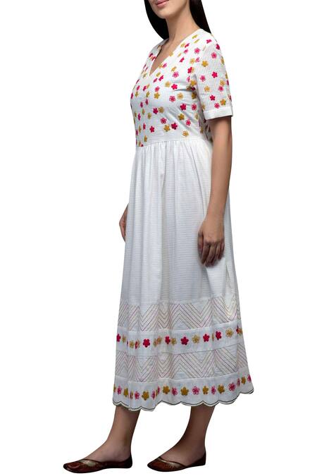 Shop_S & V Designs_White Dobby Cotton V Neck Embroidered Midi Dress_Online_at_Aza_Fashions