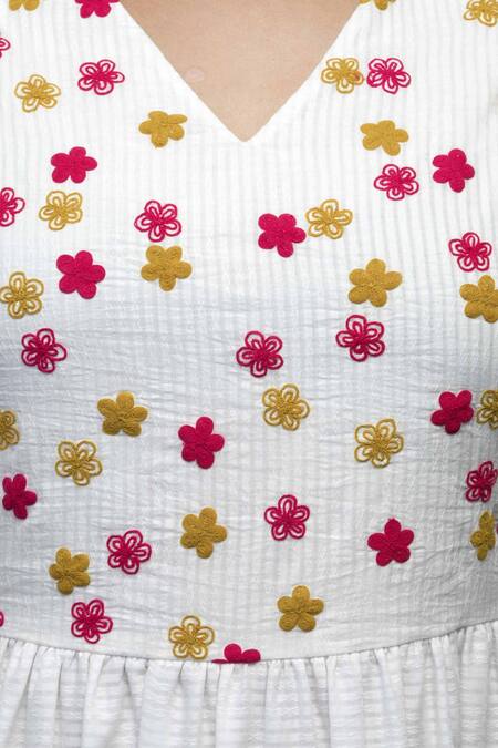 S & V Designs_White Dobby Cotton V Neck Embroidered Midi Dress_at_Aza_Fashions