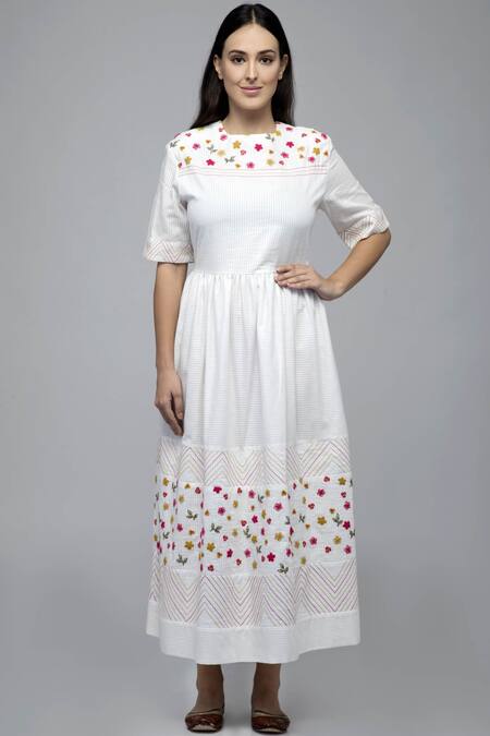 Buy_S & V Designs_White Dobby Cotton Round Embroidered Midi Dress_Online_at_Aza_Fashions