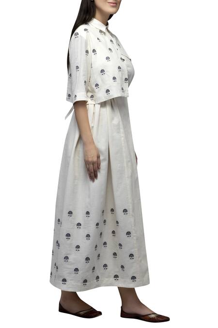 S & V Designs_Off White Dobby Cotton Shirt Collar Embroidered Midi Dress_Online_at_Aza_Fashions