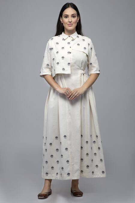 Buy_S & V Designs_Off White Dobby Cotton Shirt Collar Embroidered Midi Dress_Online_at_Aza_Fashions