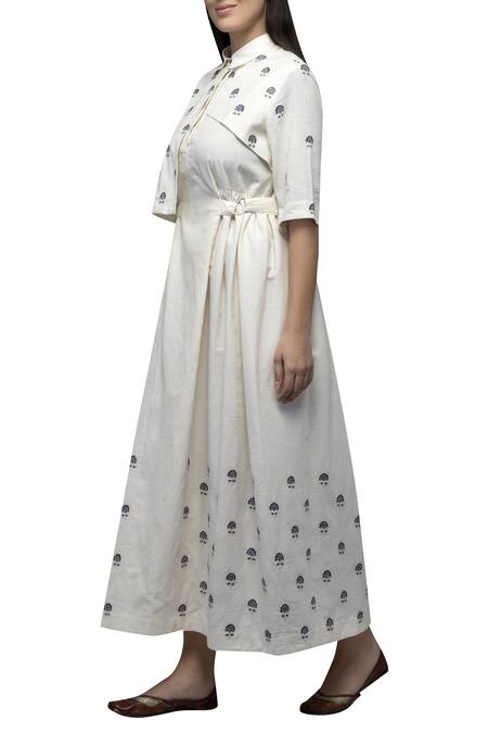 Shop_S & V Designs_Off White Dobby Cotton Shirt Collar Embroidered Midi Dress_Online_at_Aza_Fashions