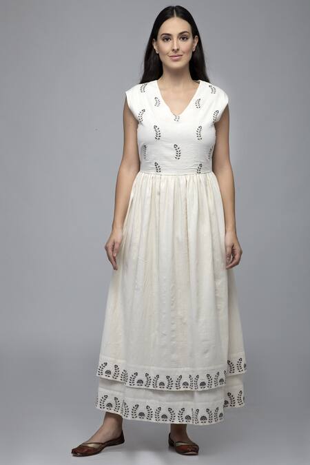 Buy S & V Designs Off White Dobby Cotton V Neck Layered Midi Dress Online at Aza Fashions Buy_S & V Designs_Off White Dobby Cotton V Neck Layered Midi Dress_Online_at_Aza_Fashions