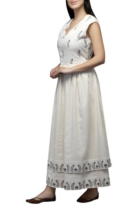 Shop S & V Designs Off White Dobby Cotton V Neck Layered Midi Dress Online at Aza Fashions Shop_S & V Designs_Off White Dobby Cotton V Neck Layered Midi Dress_Online_at_Aza_Fashions
