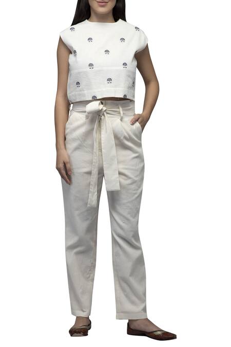 S & V Designs_Off White Dobby Cotton Jacket Embroidered Pant Set_Online_at_Aza_Fashions