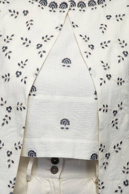 S & V Designs_Off White Dobby Cotton Jacket Embroidered Pant Set_at_Aza_Fashions