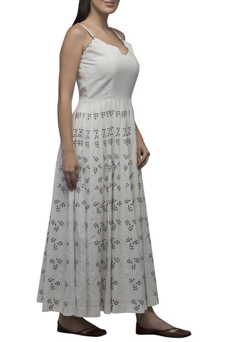 S & V Designs_Off White Dobby Cotton V Neck Embroidered Maxi Dress_Online_at_Aza_Fashions