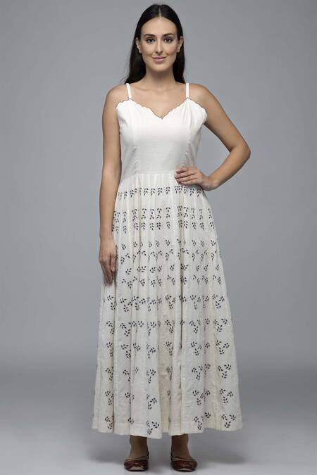 Buy_S & V Designs_Off White Dobby Cotton V Neck Embroidered Maxi Dress_Online_at_Aza_Fashions