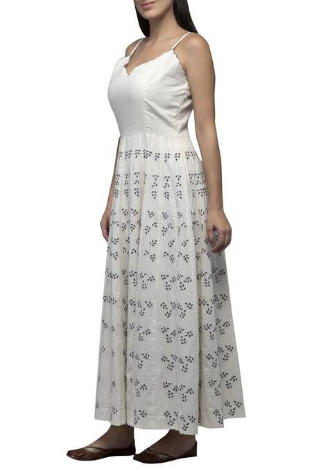 Shop_S & V Designs_Off White Dobby Cotton V Neck Embroidered Maxi Dress_Online_at_Aza_Fashions