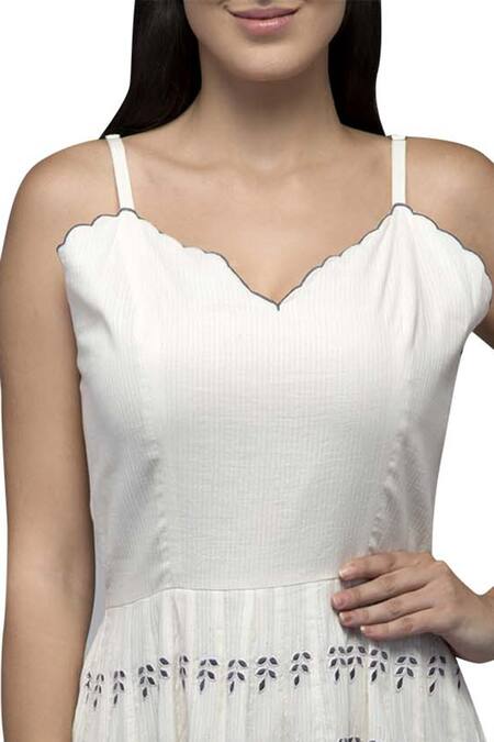 S & V Designs_Off White Dobby Cotton V Neck Embroidered Maxi Dress_at_Aza_Fashions