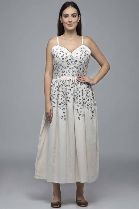 Buy_S & V Designs_Off White Dobby Cotton V Neck Embroidered Midi Dress_Online_at_Aza_Fashions