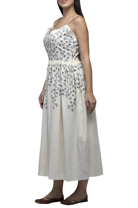 Shop_S & V Designs_Off White Dobby Cotton V Neck Embroidered Midi Dress_Online_at_Aza_Fashions
