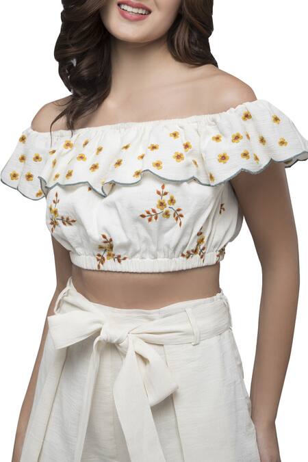 Shop_S & V Designs_Off White Dobby Cotton Bardot Embroidered Top Pant Set_Online_at_Aza_Fashions