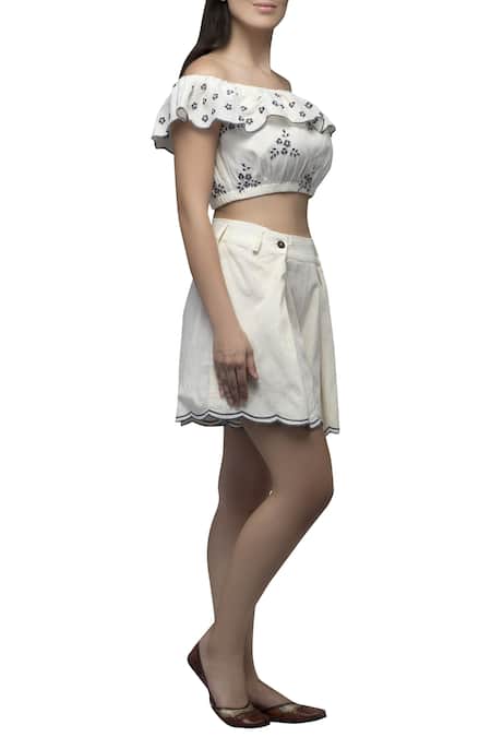 S & V Designs_Off White Dobby Cotton Bardot Embroidered Top Pant Set_Online_at_Aza_Fashions