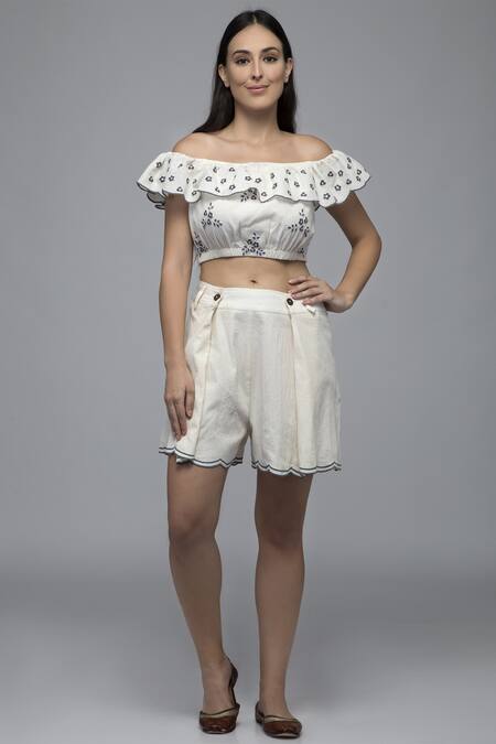 Buy_S & V Designs_Off White Dobby Cotton Bardot Embroidered Top Pant Set_Online_at_Aza_Fashions