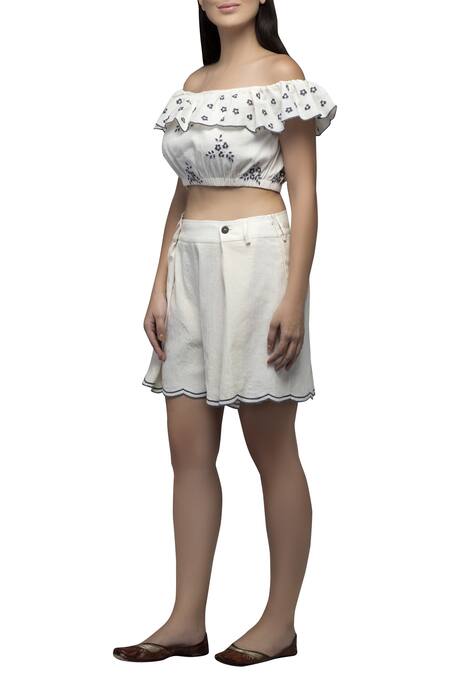 Shop_S & V Designs_Off White Dobby Cotton Bardot Embroidered Top Pant Set_Online_at_Aza_Fashions