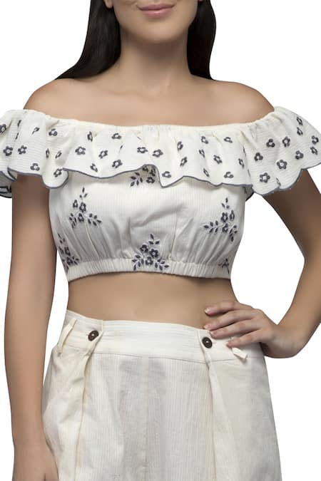 S & V Designs_Off White Dobby Cotton Bardot Embroidered Top Pant Set_at_Aza_Fashions