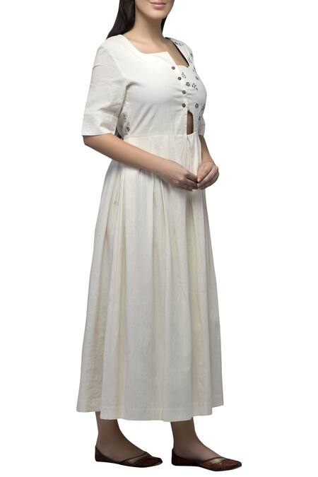 S & V Designs_Off White Dobby Cotton Asymmetric Embroidered Midi Dress_Online_at_Aza_Fashions