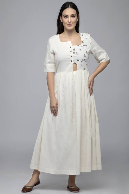 Buy_S & V Designs_Off White Dobby Cotton Asymmetric Embroidered Midi Dress_Online_at_Aza_Fashions