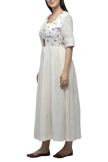 Shop_S & V Designs_Off White Dobby Cotton Asymmetric Embroidered Midi Dress_Online_at_Aza_Fashions