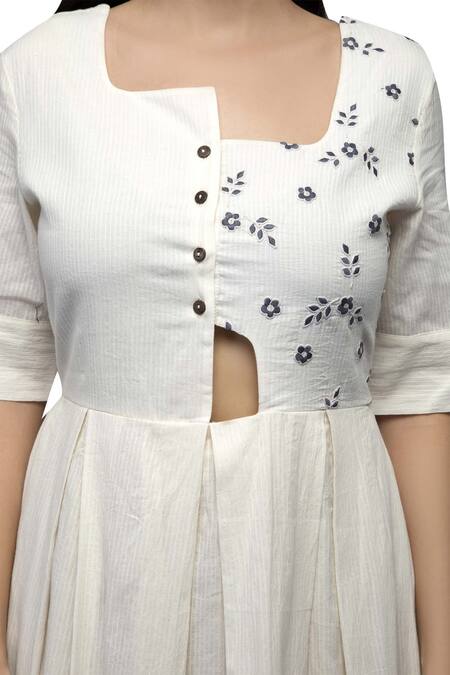S & V Designs_Off White Dobby Cotton Asymmetric Embroidered Midi Dress_at_Aza_Fashions